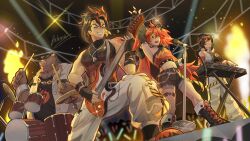  2boys 2girls animal_ears anton_ivanov bear_boy bear_ears ben_bigger black_hair black_tank_top brown_fur crop_top dated detached_sleeves drum drum_set drumsticks english_commentary eyepatch furry furry_male grace_howard guitar headband highres holding holding_drumsticks holding_guitar holding_instrument holding_microphone_stand instrument keyboard_(instrument) koleda_belobog marinahmint microphone_stand multicolored_hair multiple_boys multiple_girls music notched_ear one_eye_closed pants playing_instrument red_hair signature streaked_hair tank_top twitter_username vest white_pants white_vest zenless_zone_zero 