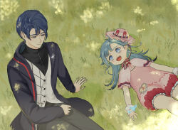  1boy 1girl aeon_(shining_nikki) age_difference animal_ear_headwear animal_ears argyle_clothes argyle_vest black_pants black_shirt blue_butterfly blue_coat blue_eyes blue_hair blue_pupils bow bowtie brother_and_sister bug butterfly butterfly_on_hand buttons capelet child clenched_hand closed_mouth coat dot_nose dress_pants fake_animal_ears feet_out_of_frame fingernails frilled_headwear fur_wrist_cuffs grass hair_between_eyes hair_spread_out hand_on_lap happy hat heart heart_print height_difference hood hood_down hooded_coat kohanai_setsuna long_sleeves looking_at_another lying marina_(shining_nikki) mini_hat nikki_(series) on_back on_grass open_mouth pants parted_bangs pink_bow pink_bowtie pink_capelet pink_hat pink_romper pink_shirt pointy_nose rabbit_ears red_bow red_bowtie shade shining_nikki shirt short_hair siblings single_stripe sitting smile striped_bow striped_bowtie striped_clothes teeth turtleneck turtleneck_shirt upper_teeth_only vest white_vest white_wrist_cuffs wrist_cuffs zipper 