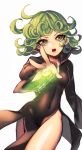  1girl :o ahoge bangs black_dress cheong_ha covered_navel cowboy_shot curly_hair dress energy glowing green_eyes green_hair long_sleeves no_panties onepunch_man open_mouth outstretched_arm short_hair side_slit simple_background solo tatsumaki teeth white_background 