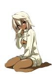  1girl bare_legs barefoot blonde_hair breasts dark_skin guilty_gear guilty_gear_xrd kaname_nagi open-chest_sweater ramlethal_valentine simple_background sitting sleeves_past_wrists solo sweater under_boob white_background 