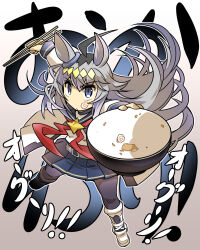  1girl ahoge animal_ears black_pantyhose blue_eyes blue_sailor_collar blue_skirt boots bowl brooch chopsticks closed_mouth ear_ornament grey_hair hair_between_eyes hairband highres hisahiko holding holding_bowl holding_chopsticks horse_ears horse_girl jacket jewelry long_hair long_sleeves multicolored_hair neckerchief oguri_cap_(starlight_beat)_(umamusume) oguri_cap_(umamusume) pantyhose pleated_skirt red_neckerchief sailor_collar shirt skirt star_brooch umamusume white_boots white_jacket white_shirt 