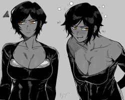  1girl black_dress black_hair breasts dark-skinned_female dark_skin dress drunk earrings evening_gown hair_between_eyes highres hyojin_en jewelry limbus_company monochrome no_bra open_mouth outis_(project_moon) plunging_neckline project_moon short_hair signature simple_background solo yellow_eyes 