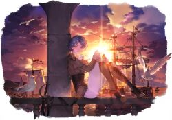  1girl against_pillar bird boots brown_capelet capelet collared_capelet corset game_cg grey_eyes grey_hair hand_on_own_knee high_heel_boots high_heels highres knees_up lens_flare light_smile mole mole_under_eye neck_ribbon non-web_source official_art on_railing pants parted_bangs railing ribbon safiyyah_(promise)_(sword_of_convallaria) scabbard sheath sheathed ship short_hair sitting solo sunset sword sword_of_convallaria watercraft weapon white_pants white_ribbon 