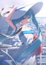  absurdres bird blue_eyes blue_hair choker dress hat hatsune_miku highres inflatable_toy long_hair looking_at_viewer ocean sakura_yu1 sleeveless sun_hat very_long_hair vocaloid white_choker white_dress white_hat 