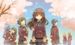  2boys 5girls awara_chikako black_hair brown_eyes brown_hair cherry_blossoms flower ga_geijutsuka_art_design_class kiyuzuki_satoko long_hair long_sleeves mizubuchi multiple_boys multiple_girls school_uniform scroll short_hair uozomi 