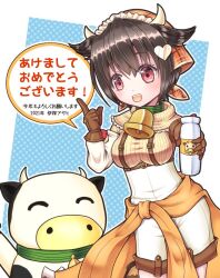  2021 artist_name bandana bottle breasts brown_gloves brown_hair capelet checkered_bandana ciel0420 clothes_around_waist cow cow_girl cow_horns emil_chronicle_online frilled_capelet frilled_hairband frills gloves hair_ornament hairband happy_new_year holding holding_bottle horns jacket jacket_around_waist large_breasts milk_bottle momo_alma open_mouth orange_bandana pants red_eyes shirt two_side_up white_capelet white_pants white_shirt 