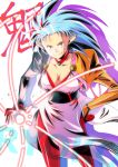  1girl blue_hair breasts character_name cleavage commentary_request energy_ball hand_on_hip juliet_sleeves long_hair long_sleeves naoko_(naokonotsukue) pointy_ears puffy_sleeves ryouko_(tenchi_muyou!) side_slit solo spiky_hair tenchi_muyou! yellow_eyes 