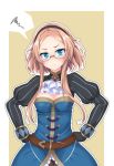  1girl alternate_hairstyle angry blue_eyes blush breasts cleavage dress glasses hairband hands_on_hips katie_(sennen_sensou_aigis) large_breasts looking_at_viewer ogami_kazuki sennen_sensou_aigis short_hair_with_long_locks sidelocks solo 