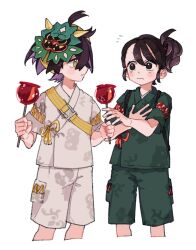  1boy 1girl 2enn3n black_eyes black_hair blush brown_hair candy_apple commentary_request cropped_legs crossed_bangs flying_sweatdrops food highres holding holding_food japanese_clothes juliana_(pokemon) kieran_(pokemon) mask mask_on_head mole mole_under_eye pokemon pokemon_sv purple_hair short_sleeves simple_background white_background yellow_eyes 