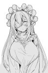  1girl blush breasts eyepatch large_breasts long_hair looking_at_viewer monochrome original sakiyo_cake simple_background solo white_background 