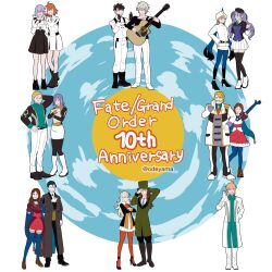  6+boys 6+girls ahoge anniversary artist_name ascot atlas_academy_uniform belt black_boots black_gloves black_pantyhose black_thighhighs blue_choker blue_gloves blue_hair blue_pantyhose boots brown_boots brown_hair capelet cerejeira_elron chaldea_logo chaldea_uniform choker closed_eyes closed_mouth collared_jacket collared_shirt copyright_name elbow_gloves facial_hair facing_another facing_viewer fate/grand_order fate_(series) fou_(fate) frown fujimaru_ritsuka_(female) fujimaru_ritsuka_(female)_(decisive_battle_chaldea_uniform) fujimaru_ritsuka_(male) fujimaru_ritsuka_(male)_(decisive_battle_chaldea_uniform) full_body glove_cutout gloves goredolf_musik gradient_hair grin guitar hat_tip high_collar high_heels highres holding holding_guitar holding_instrument holding_smoking_pipe instrument jacket jingle_abel_meuniere juliet_sleeves kadoc_zemlupus leg_up leonardo_da_vinci_(fate) leonardo_da_vinci_(rider)_(fate) lev_lainur_flauros light_smile long_hair long_sleeves looking_at_another looking_at_viewer mash_kyrielight medium_hair miniskirt multicolored_hair multiple_boys multiple_girls mustache necktie nemo_(fate) odeyama olga_marie_animusphere open_mouth orange_hair orange_pantyhose pants pantyhose puffy_sleeves purple_hair robe romani_archaman sherlock_holmes_(fate) shirt short_hair shorts single_strap sion_eltnam_(type-moon) sion_eltnam_sokaris skirt smile smoking_pipe standing thigh-highs twintails twirling_mustache two-tone_pants waving white_gloves white_hair white_pants white_skirt zettai_ryouiki 