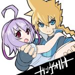  1boy 1girl ahoge azure_striker_gunvolt black_gloves blonde_hair blue_eyes braid carrying copyright_name fingerless_gloves gloves gunvolt joule_(gunvolt) long_hair multicolored_hair muramasa-sushi open_mouth princess_carry purple_hair short_hair two-tone_hair violet_eyes 