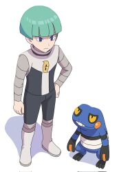  1boy black_pants blue_eyes blunt_bangs boots closed_mouth commentary_request croagunk green_hair grey_boots grey_shirt hand_on_own_hip highres logo male_focus nakikot_t pants pants_tucked_in pokemon pokemon_(creature) pokemon_dppt shirt short_hair standing team_galactic team_galactic_grunt team_galactic_uniform vest 