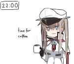  1girl bags_under_eyes black_gloves blue_eyes bowtie brown_hair capelet coffee coffee_mug cup english gloves graf_zeppelin_(kantai_collection) hat holding_cup jitome kantai_collection melone_(melonenbrot) military military_uniform mug naval_uniform peaked_cap sidelocks simple_background solo steam timestamp tired twintails uniform white_background 