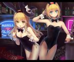  2girls :d alice_margatroid animal_ears bangs bar bare_shoulders black_bowtie black_hat black_leotard blonde_hair blue_eyes blush bow bowtie braid breasts bunny_girl bunny_tail bunnysuit character_name cleavage closed_mouth cowboy_shot culter detached_collar earrings eyebrows eyebrows_visible_through_hair fake_animal_ears female fishnet_pantyhose fishnets flipped_hair frills hair_bow hairband hand_on_own_head hat hat_bow hat_ribbon heart indoors jewelry kirisame_marisa leaning_forward leaning_to_the_side letterboxed long_hair looking_at_viewer mini_witch_hat multiple_girls neon_lights open_mouth pantyhose pulled_by_self rabbit_ears ribbon short_hair side-tie_leotard signpost smile tail teeth thigh_gap touhou white_bow wine_bottle witch_hat wooden_wall wrist_cuffs yellow_eyes 