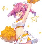  1girl :d arm_up armpits artist_name bare_shoulders belt blush cheerleader chiiririn hair_rings highres hips looking_at_viewer midriff navel open_mouth original pink_eyes pink_hair pom_poms simple_background skirt smile solo star stomach two_side_up uniform white_background white_skirt 