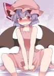  1girl bare_legs bare_shoulders bat_wings blush chemise commentary_request dress dress_tug hammer_(sunset_beach) hat lavender_hair looking_at_viewer mob_cap open_mouth pink_eyes remilia_scarlet short_hair solo tears touhou wings 