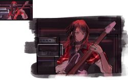  1girl 5-string_bass_guitar bang_dream! bang_dream!_it's_mygo!!!!! bass_guitar black_hair capelet extended_range_bass_guitar feiyu30903448 highres instrument medium_hair music okada_mei photo-referenced playing_bass_guitar playing_instrument red_capelet reference_inset shirt timoris_(bang_dream!) white_shirt yahata_umiri 