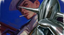  1boy 2others absurdres black_hair blue_neckerchief cigarette dixie_cup_hat hashtag-only_commentary hat higashikata_josuke_(jojolion) highres jojo_no_kimyou_na_bouken jojolion lips looking_at_viewer male_focus military_hat mouth_hold multiple_others neckerchief reflection sailor sailor_hat shirt short_hair silver_skin smoking soft_&amp;_wet stand_(jojo) white_hat white_shirt whitehogiii wonder_of_u 