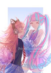  2girls animal_ear_hairband animal_ear_headphones animal_ears bang_dream! blue_hair blue_jacket blue_skirt bouquet cat_ear_headphones closed_eyes commission fake_animal_ears feet_out_of_frame hairband hcq25535058 headphones highres holding holding_bouquet jacket long_hair multicolored_hair multiple_girls necktie nyubara_reona open_clothes open_jacket pink_hair pink_skirt profile red_hair red_necktie school_uniform shirt size_difference skirt smile standing tamade_chiyu white_jacket 