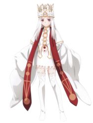  1girl absurdres cape closed_mouth clothing_cutout crown dress fate/stay_night fate_(series) full_body heaven&#039;s_feel highres illyasviel_von_einzbern illyasviel_von_einzbern_(dress_of_heaven) long_hair long_sleeves looking_at_viewer no_shoes non-web_source official_alternate_costume official_art red_cape red_eyes sidelocks simple_background smile solo standing thigh-highs white_background white_dress white_hair white_thighhighs wide_sleeves 