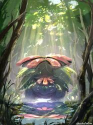  absurdres bo_(bouillustration) canopy_(forest) closed_mouth fangs flower forest highres jungle mega_pokemon mega_venusaur nature no_humans outdoors plant pokemon pokemon_(creature) pokemon_focus red_eyes reflection sky solo sunlight venusaur water 