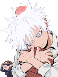 1boy 1girl brown_hair closed_mouth d: gojou_satoru grey_eyes grey_shirt head_bump highres ieiri_shoko jujutsu_kaisen long_sleeves open_mouth sad shirt short_hair simple_background solo_focus sunglasses usaginu white_background white_hair