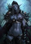  aaa_(september_breeze) armor arrow artist_name bikini_armor blue_skin contrapposto elf facial_mark gloves glowing glowing_eyes highres jewelry lipstick makeup muscle necklace pointy_ears red_eyes spaulders sylvanas_windrunner thigh-highs warcraft world_of_warcraft 