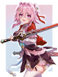  1girl bell belt black_dress black_gloves bloomers blue_background blue_belt blue_eyes border breasts chinese_clothes commentary cowboy_shot cropped_jacket dress dual_wielding earrings fingerless_gloves flower gloves gradient_background hair_flower hair_ornament hairpin high_belt highres holding holding_sword holding_weapon honkai:_star_rail honkai_(series) jacket jewelry jingle_bell looking_at_viewer mandarin_collar march_7th_(honkai:_star_rail) march_7th_(hunt)_(honkai:_star_rail) medium_breasts medium_hair multicolored_eyes official_alternate_costume official_alternate_hairstyle open_clothes open_jacket open_mouth outside_border pink_background pink_eyes pink_hair pink_pupils pink_sash puffy_sleeves red_jacket rumi_(xafv5772) sash short_dress shuangyaji single_earring skindentation smile solo sword thigh-highs two-tone_eyes underbust weapon white_bloomers white_border white_sleeves white_thighhighs 