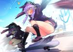  1girl accident animal_ears blush dress falling hair_ornament hooded_jacket hoodie jacket long_hair open_mouth panties petenshi_(dr._vermilion) purple_hair skateboard smile solo twintails underwear violet_eyes vocaloid voiceroid yuzuki_yukari 