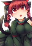  1girl animal_ears blush braid breasts cat_ears cat_tail dress extra_ears fang fun_bo green_dress juliet_sleeves kaenbyou_rin large_breasts long_sleeves multiple_tails open_mouth pointy_ears puffy_sleeves red_eyes redhead solo tail touhou twin_braids two_tails 