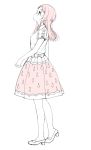  1girl bare_legs dress glasses highres long_hair looking_up monochrome ribbon sakiyo_cake simple_background skirt solo white_background 