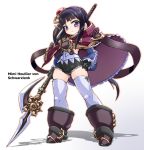  1girl atelier_(series) atelier_totori black_gloves black_hair boots buckle buruma cape character_name gloves hand_on_hip karukan_(monjya) knee_boots long_hair mimi_houllier_von_schwarzlang polearm solo spear standing thigh-highs violet_eyes weapon white_background white_legwear 