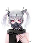  1girl black_dress dress gas_mask looking_at_viewer original rabbit_(wlsdnjs950) red_eyes scarf short_hair signature silver_hair spaghetti_strap twintails 