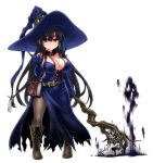  1girl bare_shoulders black_legwear book boots breasts chankodining_waka cleavage dress elbow_gloves gloves hat highres inuyama_kuroe large_breasts long_hair looking_at_viewer magic pantyhose side_slit skull very_long_hair wand witch_hat 