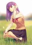  1girl adjusting_hair breasts butterfly fate/stay_night fate_(series) hand_in_hair large_breasts matou_sakura purple_hair school_uniform skirt socks solo squatting tsukikanade type-moon violet_eyes 