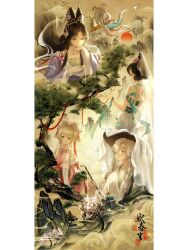  4girls absurdres aqua_shawl black_eyes black_hair blonde_hair bracelet braid calligraphy calligraphy_brush chinese_clothes chinese_text clouds cup dragon dress eastern_dragon flower green_eyes grin hagoromo hair_bun hair_flower hair_ornament hair_over_one_eye hand_on_own_chin hanfu highres holding holding_calligraphy_brush holding_paintbrush holding_tray ink_wash_painting jewelry jiu_niangzi jiu_niangzi_(blossom_spring_fairy) kettle long_hair looking_down lotus_hair_ornament low_twin_braids mountain multiple_girls official_alternate_costume one_eye_covered paintbrush pillarboxed pine_tree pink_flower pink_hanfu pouring profile purple_hanfu reverse:1999 seal_impression shawl short_hair shuangyaji sleeveless sleeveless_dress smile smoke sotheby sotheby_(the_red_thread_of_fate) sun tray tree tuesday_(reverse:1999) tuesday_(story_of_the_jade_vase)_(reverse:1999) twin_braids veil violet_eyes weimao white_hair white_hanfu white_shawl white_veil windsong_(records_from_the_jade_hunt)_(reverse:1999) windsong_(reverse:1999) xiao_xiazi 