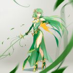  1girl bracelet breasts cleavage elbow_gloves gloves green_clothes green_gloves green_hair green_legwear hair_ornament high_heels highres jewelry leaf long_hair necklace personification pokemon red_eyes rupinesu serperior solo weapon whip 