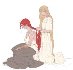  1boy 1girl bed_sheet blonde_hair braiding_another&#039;s_hair braiding_hair brown_dress dress elden_ring flat_color from_side hairdressing heart_bracelet highres holding holding_unworn_clothes holding_unworn_dress kneeling long_hair malenia_blade_of_miquella miquella_(elden_ring) onex111x pleated_dress profile red_hair scar short_sleeves sleeveless_tunic tunic unworn_dress white_background white_tunic 