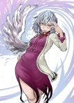  1girl hand_on_hip hand_over_eye kishin_sagume pose red_eyes single_wing solo tongue tongue_out toritora touhou uneven_eyes white_hair wings 