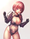  1girl :d armor ass_visible_through_thighs bangs bare_shoulders blunt_bangs breasts cleavage clenched_hand cowboy_shot gauntlets grey_background looking_at_viewer navel navel_cutout nishizawa open_mouth original redhead short_hair sidelocks simple_background smile solo standing stomach violet_eyes 