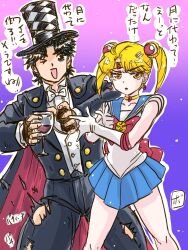 2boys bishoujo_senshi_sailor_moon bishounen blonde_hair blue_hair blue_sailor_collar boingo_(oingo-boingo) bow choker crescent_choker crossdressing crossover dio_brando ear_birthmark elbow_gloves gloves heart highres jojo_no_kimyou_na_bouken jonathan_joestar long_hair magical_girl male_focus multiple_boys orange_eyes phantom_blood red_bow sailor_collar sailor_senshi_uniform smile suit twintails white_gloves 