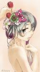  1girl bare_shoulders collarbone commentary_request flower grey_eyes hair_flower hair_ornament highres kantai_collection lips looking_back naked_sheet nowaki_(kantai_collection) silver_hair solo tagme yotsura 