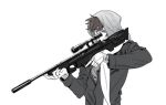  1boy aiming fingerless_gloves gloves gun hood hoodie jacket lowres rifle scarf simple_background sniper_rifle solo weapon white_background 
