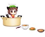  1girl :3 animal_ears bebeneko bow bowl brown_eyes brown_hair cat_ears cat_tail chen commentary dress drooling food gap in_container multiple_tails nekomata plate pot red_dress shirt solo staring tail touhou two_tails 
