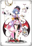  1girl alternate_costume bat bat_wings blue_hair blush choker closed_umbrella cup disembodied_limb dress earrings frame hands hat high_heels highres ideolo jewelry layered_dress looking_at_viewer one_eye_closed overskirt purple_dress red_eyes remilia_scarlet sash smile solo teacup top_hat touhou tray umbrella white_dress wings wrist_cuffs 
