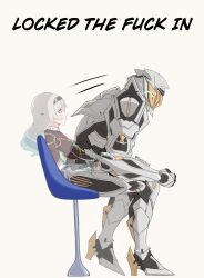  1girl absurdres armor brown_hairband brown_jacket chair english_text firefly_(honkai:_star_rail) glowing_headgear gradient_hair green_light grey_armor grey_hair hair_between_eyes hair_intakes hair_ornament hairband highres honkai:_star_rail honkai_(series) jacket long_hair multicolored_hair neckerchief on_chair orange_neckerchief power_armor sam_(honkai:_star_rail) simple_background sitting solo thevarnese twitter_username white_background 