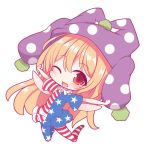  1girl american_flag_legwear american_flag_shirt beni_shake blonde_hair chibi clownpiece fairy_wings fang hat jester_cap long_hair one_eye_closed open_mouth outstretched_arms pantyhose red_eyes smile solo touhou very_long_hair wings 