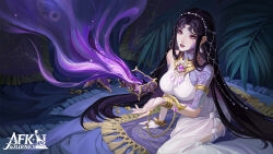  1girl afk_(series) afk_journey arm_support arm_tattoo armlet beads black_hair box bracelet breasts coin commentary copyright_name crystal_earrings dress earrings energy english_commentary eyelashes eyeshadow facial_tattoo fingernails floating floating_object gold_armlet gold_bracelet gold_necklace gold_ring hair_beads hair_ornament hand_up highres hobble_dress jewelry jewelry_box large_breasts leaf lips long_dress long_fingernails long_hair makeup neck_tattoo necklace official_art palm_leaf pandora_(afk) parted_bangs parted_lips purple_eyeshadow ring rug shoulder_tattoo sidelocks sitting sleeveless sleeveless_dress solo straight_hair tassel tattoo very_long_hair violet_eyes white_dress 