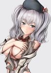  1girl arm_at_side bangs blush breast_suppress breasts cleavage closed_mouth collared_shirt covering covering_breasts eyebrows eyebrows_visible_through_hair grey_background grey_eyes grey_hair grey_shirt hat kantai_collection kashima_(kantai_collection) large_breasts long_sleeves looking_at_viewer nannacy7 shirt silver_hair simple_background smile solo striped torn_clothes twintails upper_body wavy_hair 
